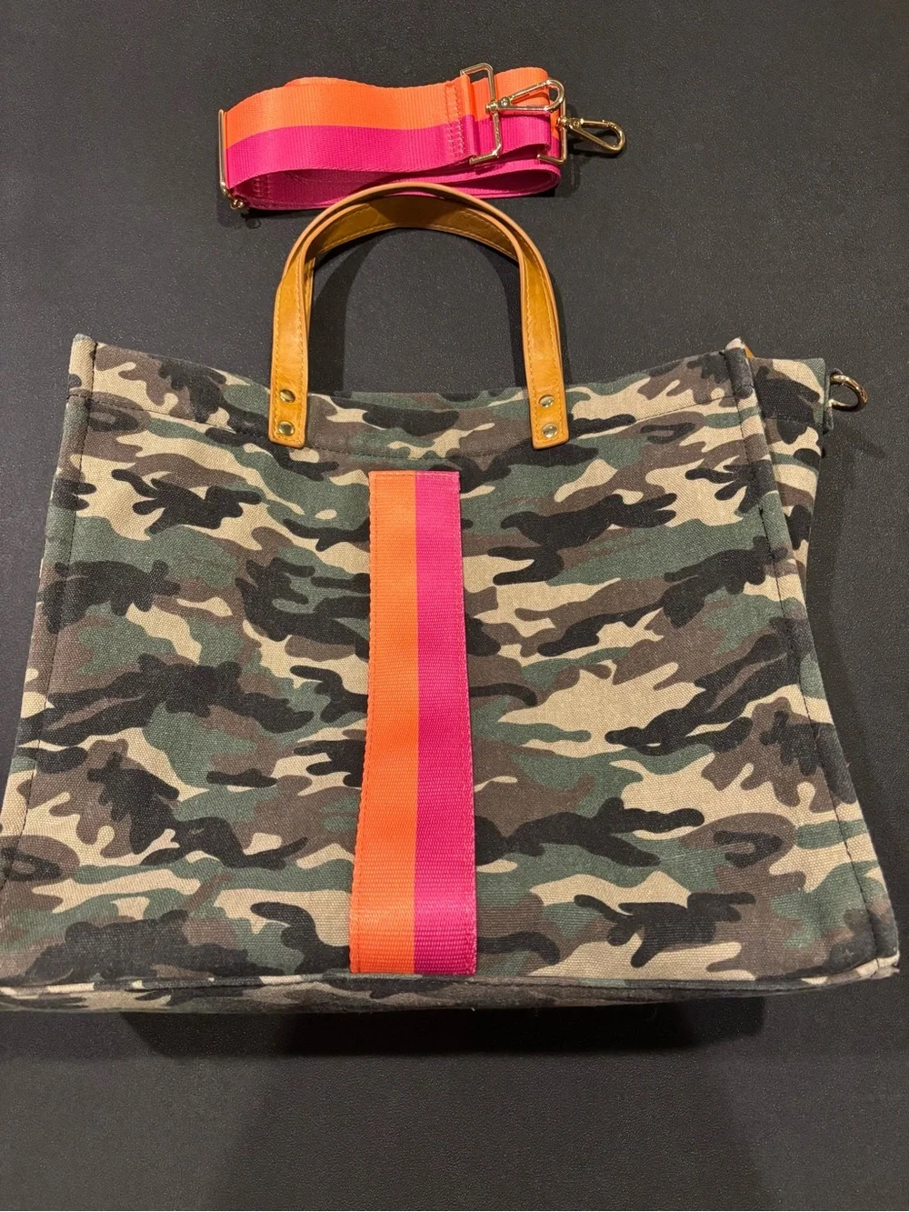 ali+donned Camo Canvas Tote with Pink & Orange Accent